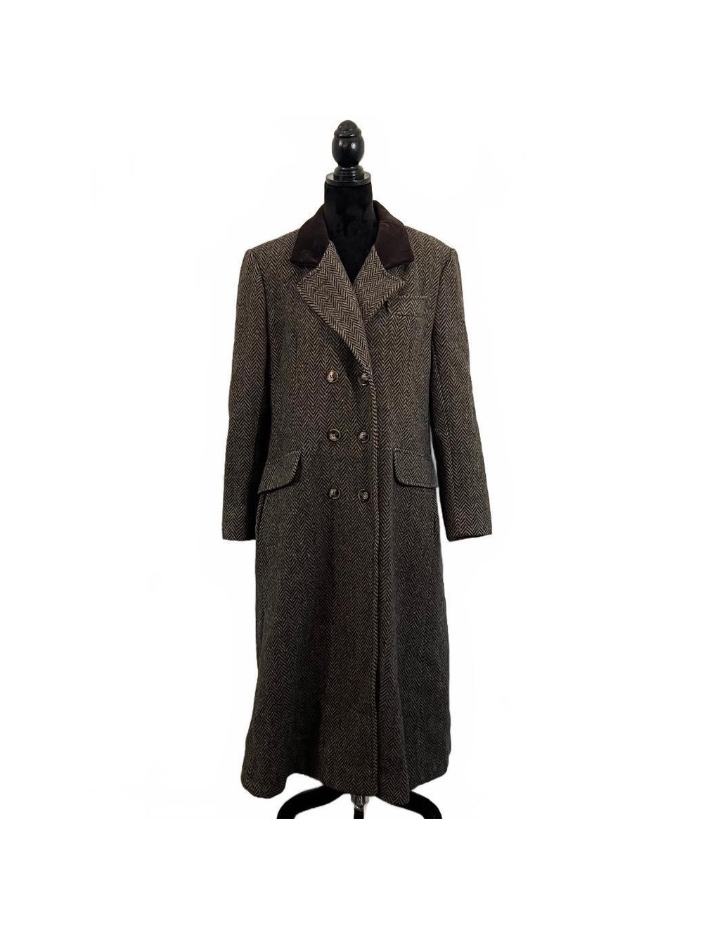 Vintage 1960’s Brown Wool Herringbone Double Breasted Long Winter Dress Coat
